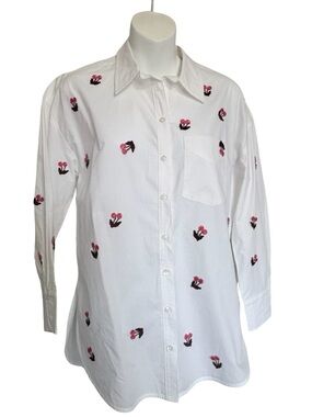Maeve White Shirt with Pink Cherries and Burgundy Leaves from Anthropologie